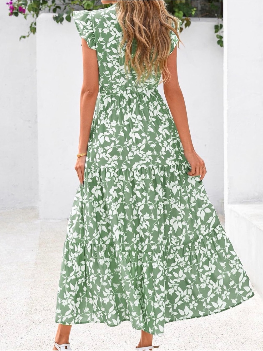 PrettyGarden Dress Womens S Green Floral V Neck Maxi Flutter Sleeve Pockets Boho - Picture 2 of 10